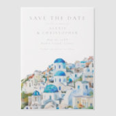 Blue Mediterranean Skyline Wedding Save the Date Vellum Uitnodigingen (Voorkant)