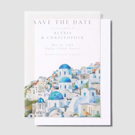 Blue Mediterranean Skyline Wedding Save the Date Vellum Uitnodigingen (Offset)