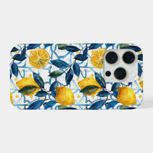 Blue Mediterranean Style Lemon Pattern iPhone Case Hoesje (Achterkant horizontaal)