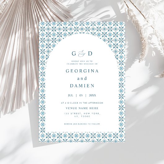 Blue Mediterranean Tegel Arch Foto Elegant Wedding Kaart