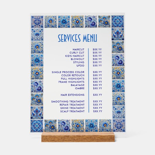 Blue Mediterranean Tegels Lijst Diensten Menu Acryl Bord (Voorkant)