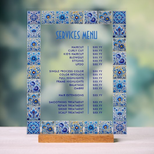 Blue Mediterranean Tegels Lijst Diensten Menu Acryl Bord (Neutraal)