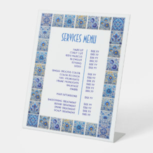 Blue Mediterranean Tegels Lijst Diensten Menu Reclamebord Met Voetstuk