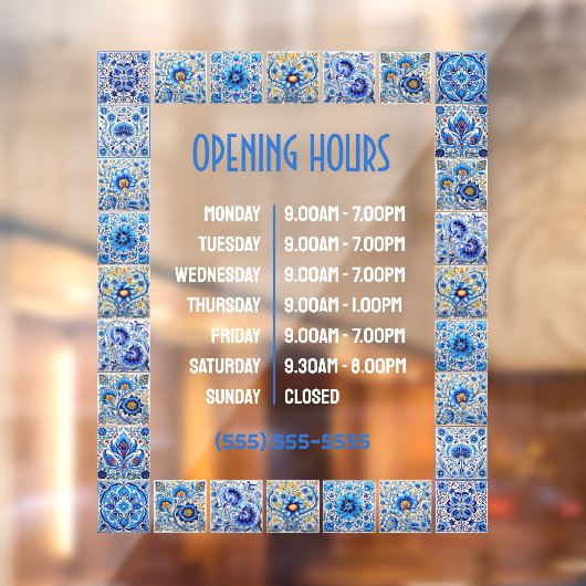 Blue Mediterranean Tegels Lijst Openingstijden Raamsticker (Vel 2)