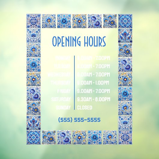 Blue Mediterranean Tegels Lijst Openingstijden Raamsticker (Vel 3)