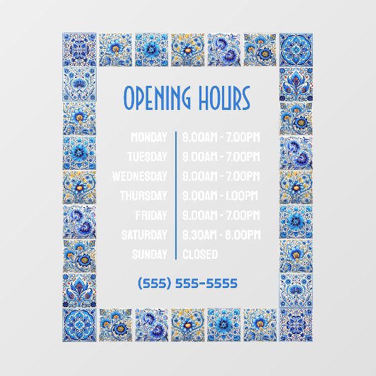 Blue Mediterranean Tegels Lijst Openingstijden Raamsticker (Vel)