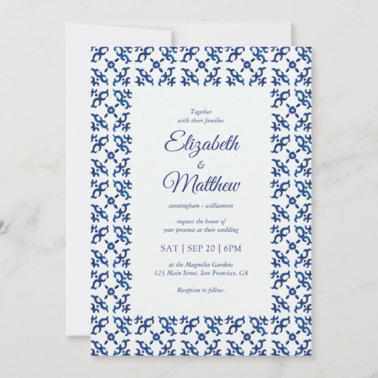 Blue Mediterranean Tegels Wedding Kaart (Voorkant)