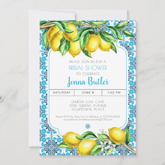 Blue Mediterranean Tile Lemon Bridal Shower Kaart (Voorkant)