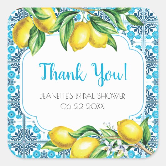 Blue Mediterranean Tile Lemon Bridal Thank You Vierkante Sticker (Voorkant)