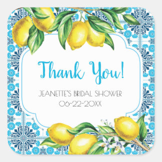 Blue Mediterranean Tile Lemon Bridal Thank You Vierkante Sticker