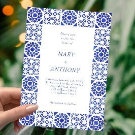 Blue Mediterranean Wedding Invitation Kaart