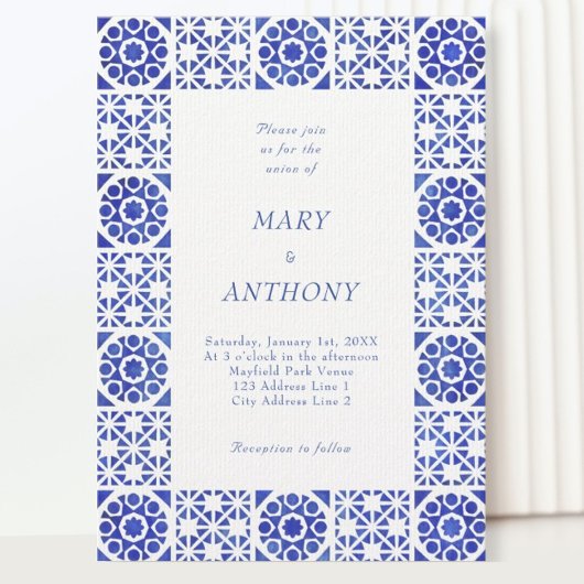 Blue Mediterranean Wedding Invitation Kaart