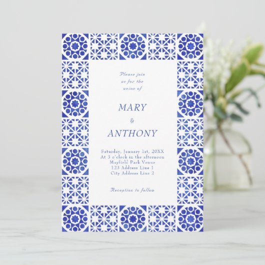 Blue Mediterranean Wedding Invitation Kaart (Staand voorkant)