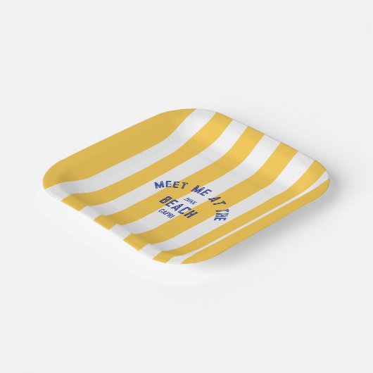 Blue Meet Me op het strand Yellow Cabana Stripe Papieren Bordje (Gebogen)