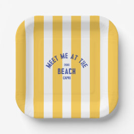 Blue Meet Me op het strand Yellow Cabana Stripe Papieren Bordje