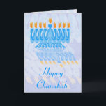 Blue Menorah Chanukah Kaarten<br><div class="desc">Blauwe menora met oranje vlammen,  met rimpelige reflectie. Chanoeka ontwerp. Aangepaste Chanoeka-wenskaarten - pas uw eigen begroeting binnen aan.</div>