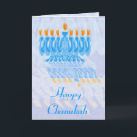 Blue Menorah Chanukah Kaarten<br><div class="desc">Blauwe menora met oranje vlammen,  met rimpelige reflectie. Chanoeka ontwerp. Aangepaste Chanoeka-wenskaarten - pas uw eigen begroeting binnen aan.</div>