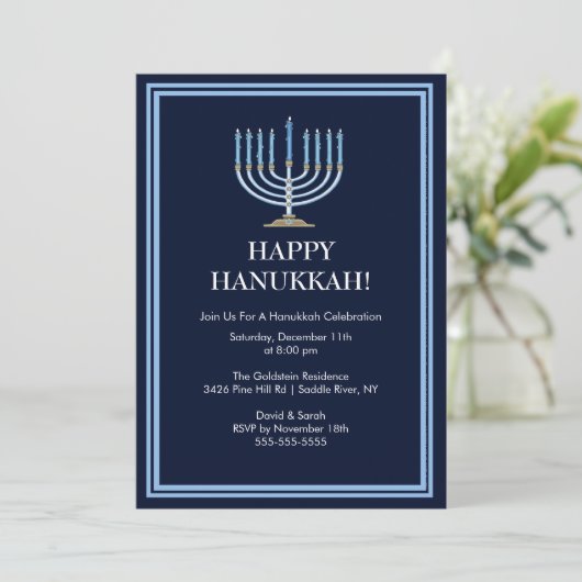 Blue Menorah Hanukkah Celebration Invitation Kaart (Staand voorkant)