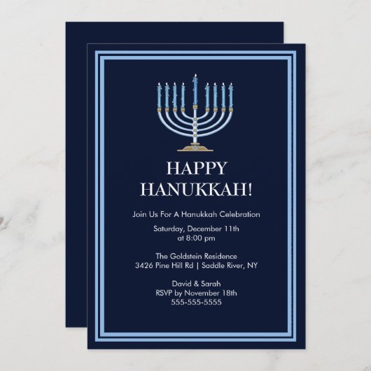 Blue Menorah Hanukkah Celebration Invitation Kaart (Voorkant / Achterkant)