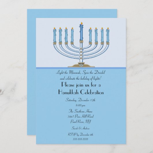Blue Menorah Hanukkah Celebration Invitation Kaart (Voorkant / Achterkant)