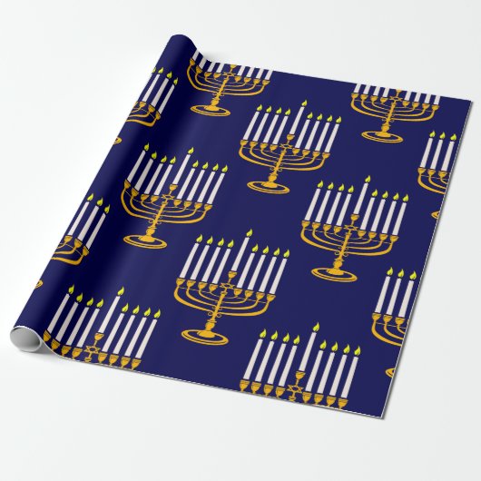 blue menorah hanukkah joodse krant cadeaupapier (Uitgerold)