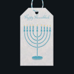 Blue Menorah, Happy Hanukkah Cadeaulabel<br><div class="desc">Een hanukkah cadeautje label met een turkooisblauwe menorah op een grijze gemarmerde achtergrond en Happy Hanukkah-tekst.</div>