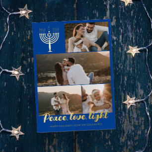 Blue Menorah Peace Love Light Photo Collage Gold Folie Feestdagenkaart