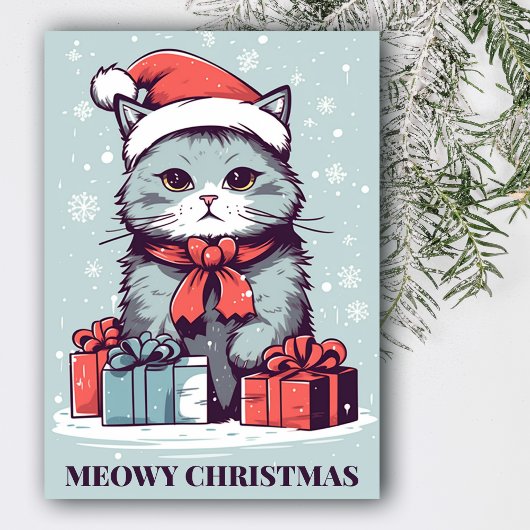 Blue Meowy Schattigee kerstkat in een kerstmuts Feestdagenkaart