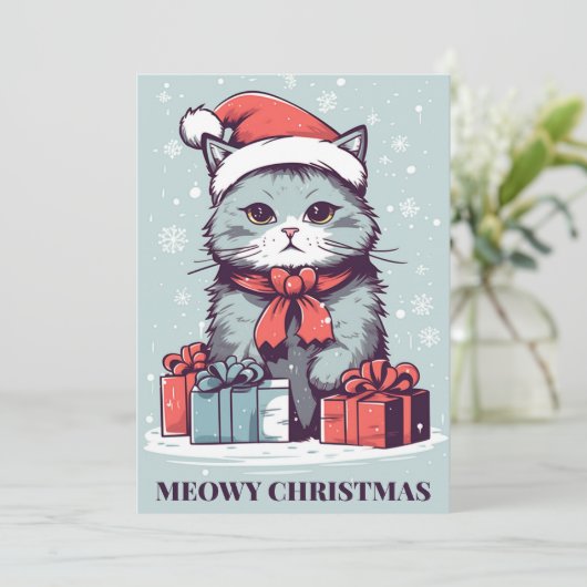 Blue Meowy Schattigee kerstkat in een kerstmuts Feestdagenkaart (Staand voorkant)