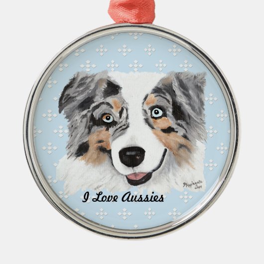 Blue Merle Aussie Blue met witte diamanten Metalen Ornament (Voorkant)