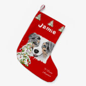 Blue Merle Aussie en de kerstboom stoppen Kleine Kerstsok (Voorkant (Hangend))