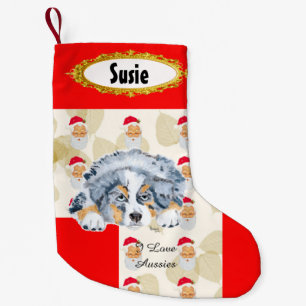 Blue Merle Aussie Puppy w/Santa Stocking Kleine Kerstsok