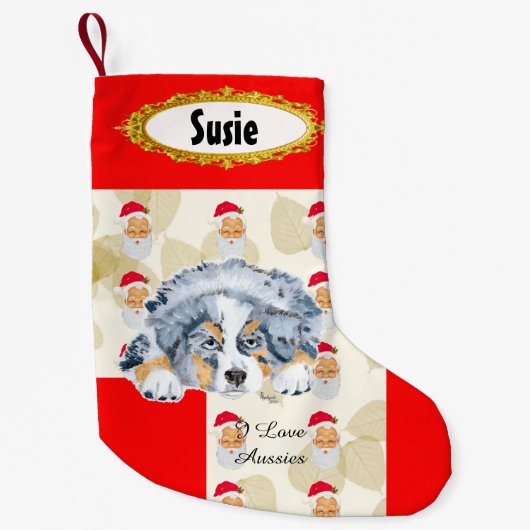 Blue Merle Aussie Puppy w/Santa Stocking Kleine Kerstsok (Voorkant)