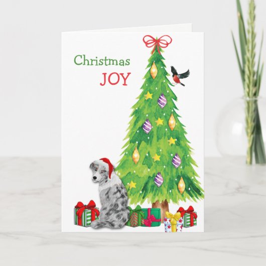 Blue Merle Australian Shepherd en kerstboom Feestdagen Kaart (Voorkant)