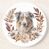 Blue Merle Australische Herder Hond Herfst krans Zandsteen Onderzetter (Voorkant)