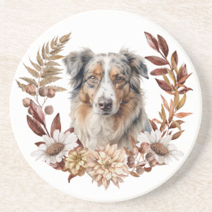 Blue Merle Australische Herder Hond Herfst krans Zandsteen Onderzetter