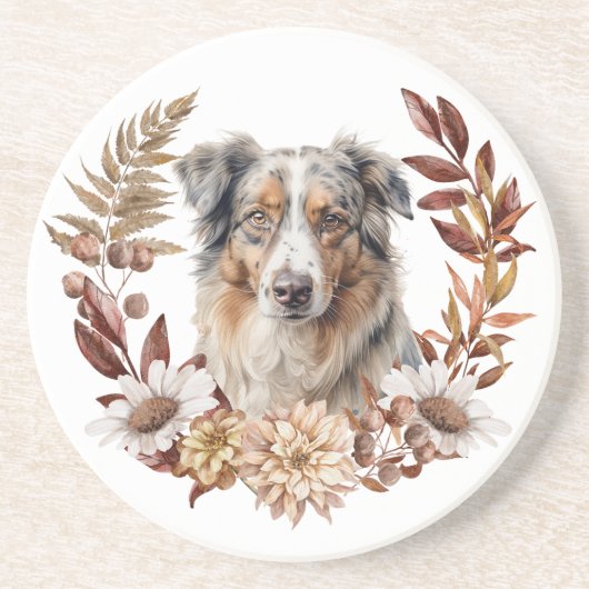 Blue Merle Australische Herder Hond Herfst krans Zandsteen Onderzetter (Voorkant)