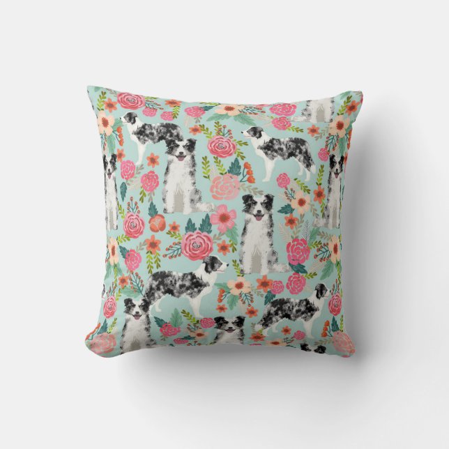 Blue Merle Border Collie Floral Pillow Kussen (Voorkant)
