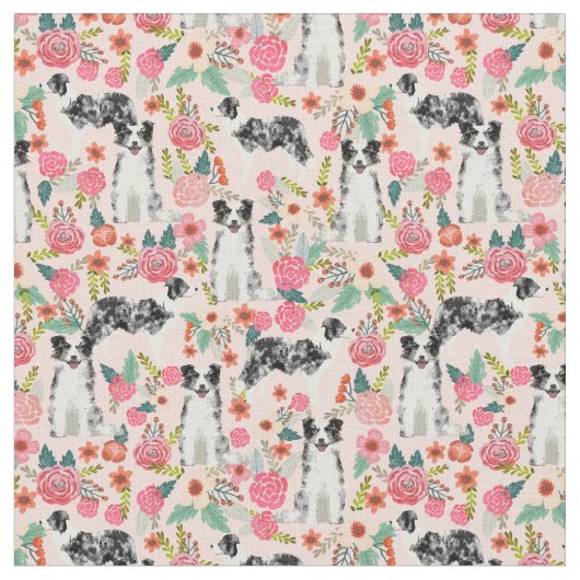 Blue Merle Border Collie  roze florals Stof (Close Up)
