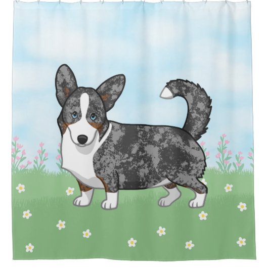 Blue Merle Cardigan Welsh Corgi Flowers Douchegordijn (Voorkant)