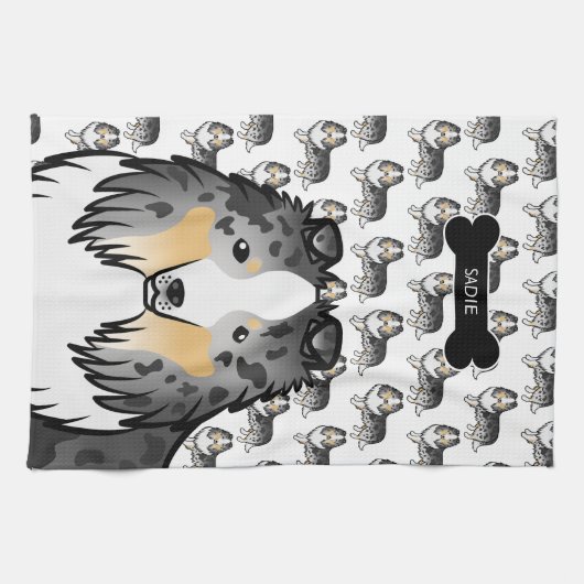 Blue Merle Cartoon Sheltie met Dog Bone & Name Theedoek (Horizontaal)