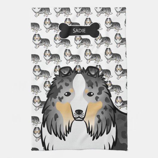 Blue Merle Cartoon Sheltie met Dog Bone & Name Theedoek (Verticaal)