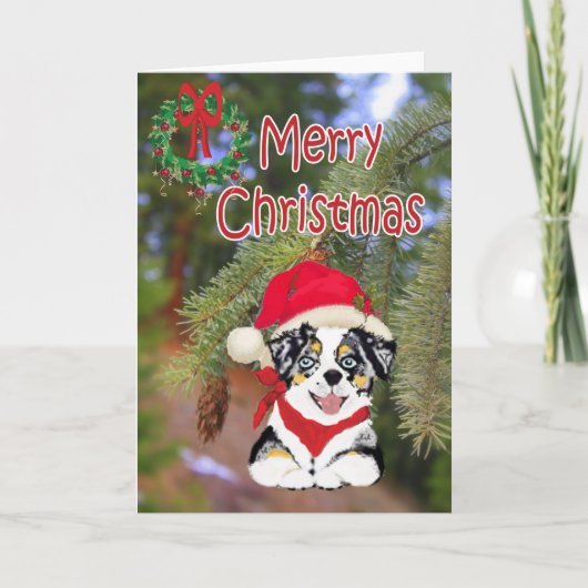 Blue Merle Christmas Aussie Cartoon Puppy Feestdagen Kaart (Voorkant)