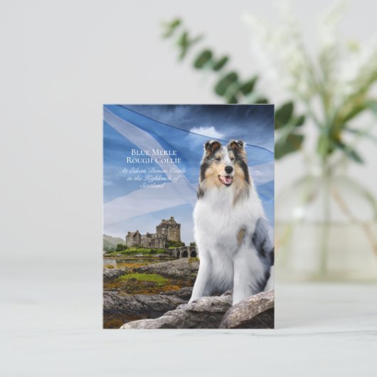 Blue Merle Collie, Eilean Donan en Scottish Flag - Briefkaart (Staand voorkant)