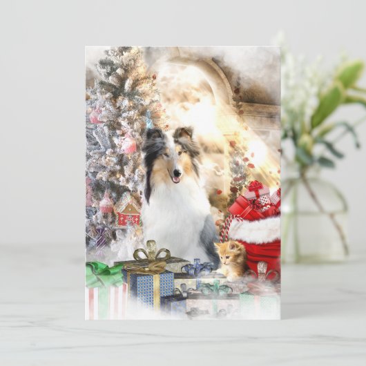 Blue Merle Collie & Kat, Merry Kerstmis - Kaart (Staand voorkant)