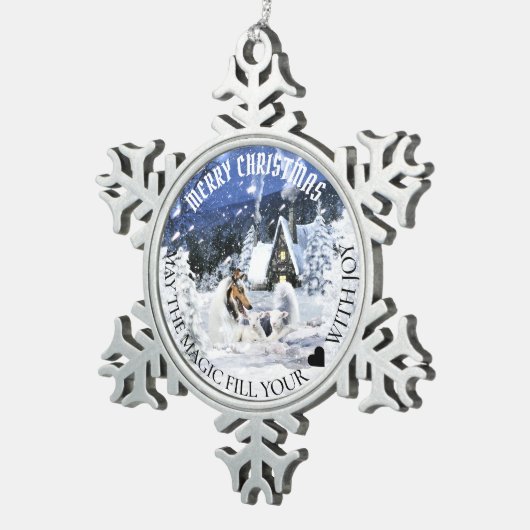 Blue Merle Collie & Lambs in Magic Snowy Night - Tin Sneeuwvlok Ornament (Rechts)