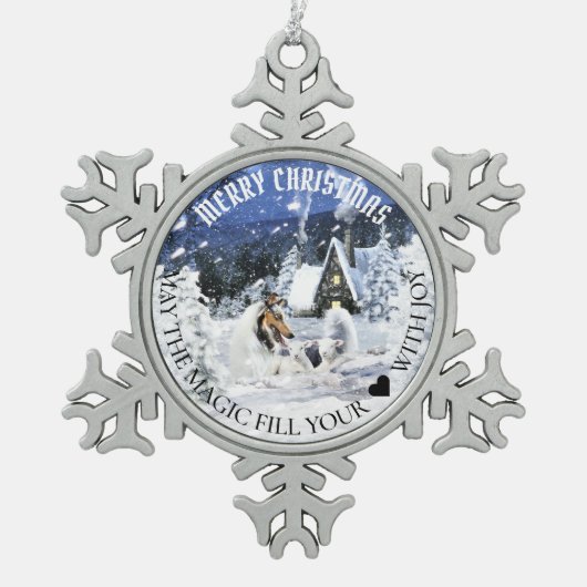 Blue Merle Collie & Lambs in Magic Snowy Night - Tin Sneeuwvlok Ornament (Voorkant)