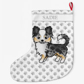 Blue Merle Long Coat Chihuahua Cartoon Dog & Name Grote Kerstsok (Achterkant)