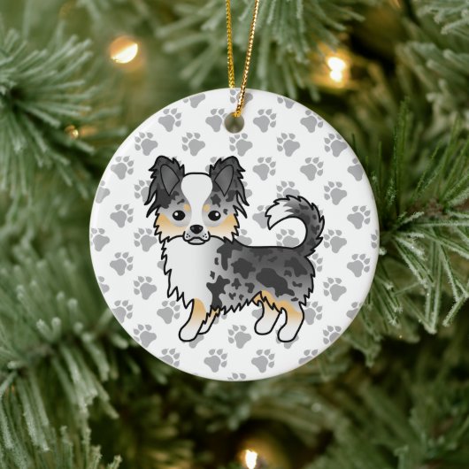 Blue Merle Long Coat Chihuahua Cartoon Dog & Paws Keramisch Ornament (Boom)