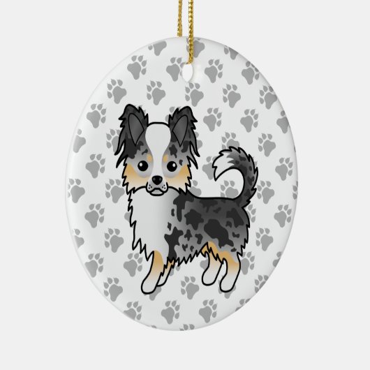 Blue Merle Long Coat Chihuahua Cartoon Dog & Paws Keramisch Ornament (Rechts)